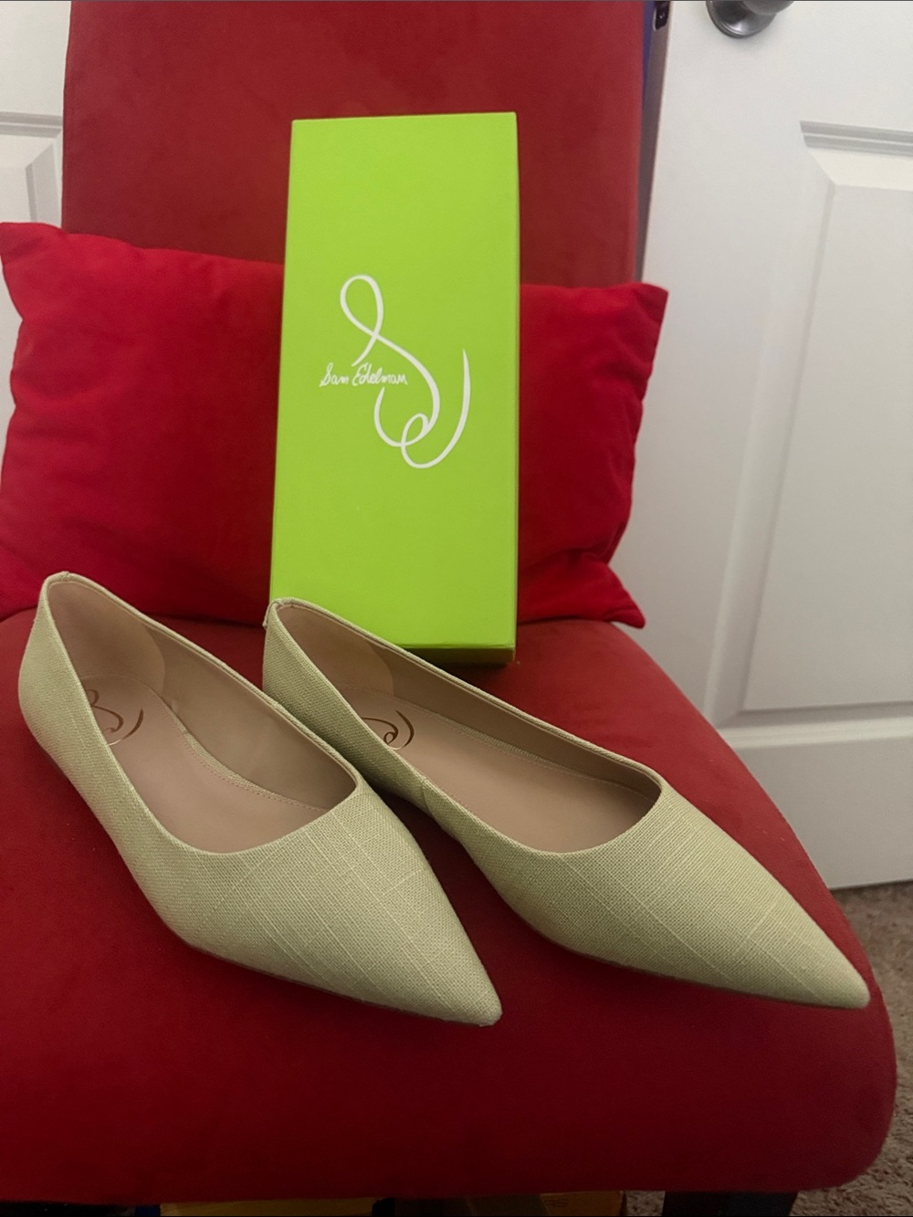 Sam Edelman Wanda Pistachio Linen Pointed-Toe Flats